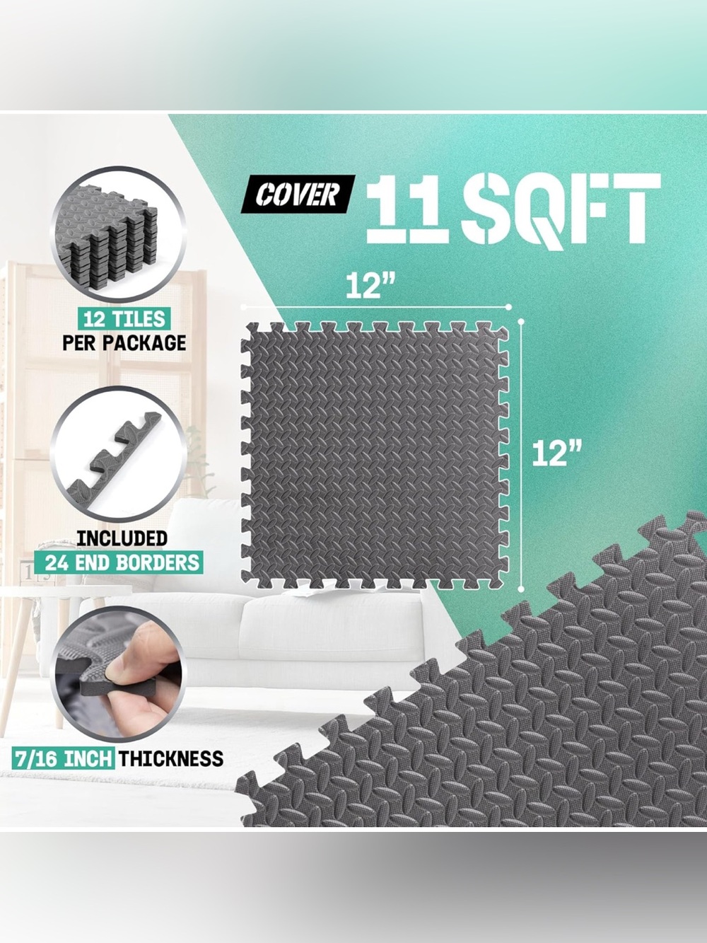 Gray Interlocking Cushioned Foam Floor Tiles Padding Comfort Playroom Relaxing - Picture 10 of 12